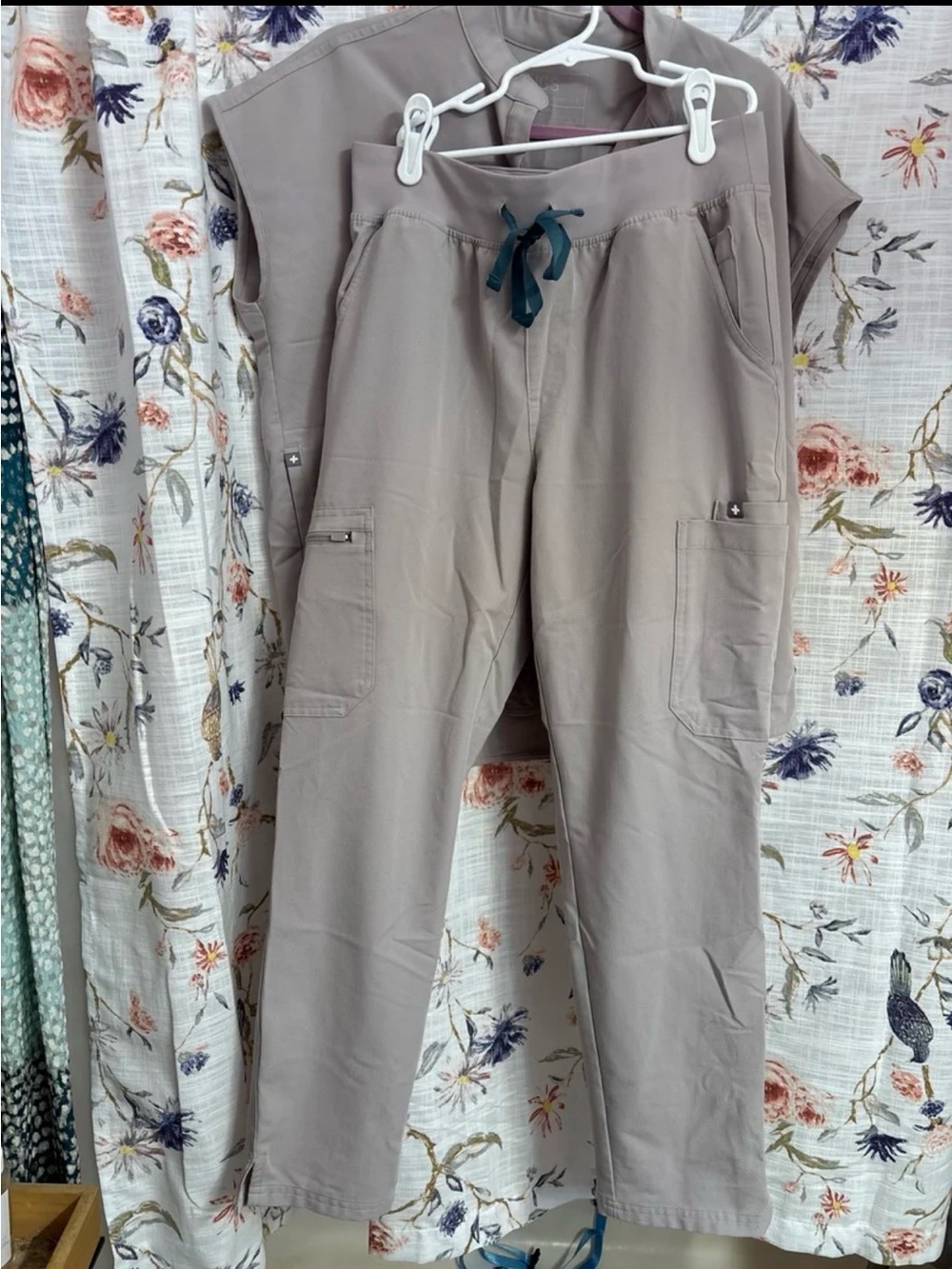 Figs Straight Leg Scrub Pants in Taupe with Teal Drawstring